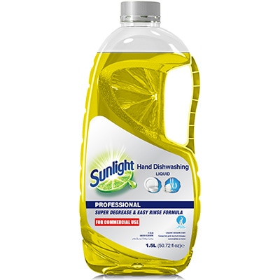 Sunlight Pro Dish Wash Lemon 1.5L - Remove fatty oils, grease, dried-on food and fishy odours in the quickest time possible with Sunlight Pro Dish Wash.